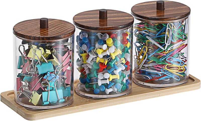 BTSKY 3 Pack PaperClip Holders with Bamboo Lids & Tray, Round Binder Holder for Desk, Clear Paper Clip Dispenser Small Office Supply Accessory Organizer Qtip Holder for Office Bathroom Vanity, Black - Image 1